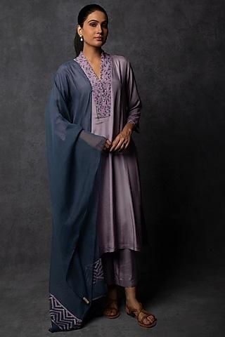 lavender muslin patchwork embellished straight-fit kurta set