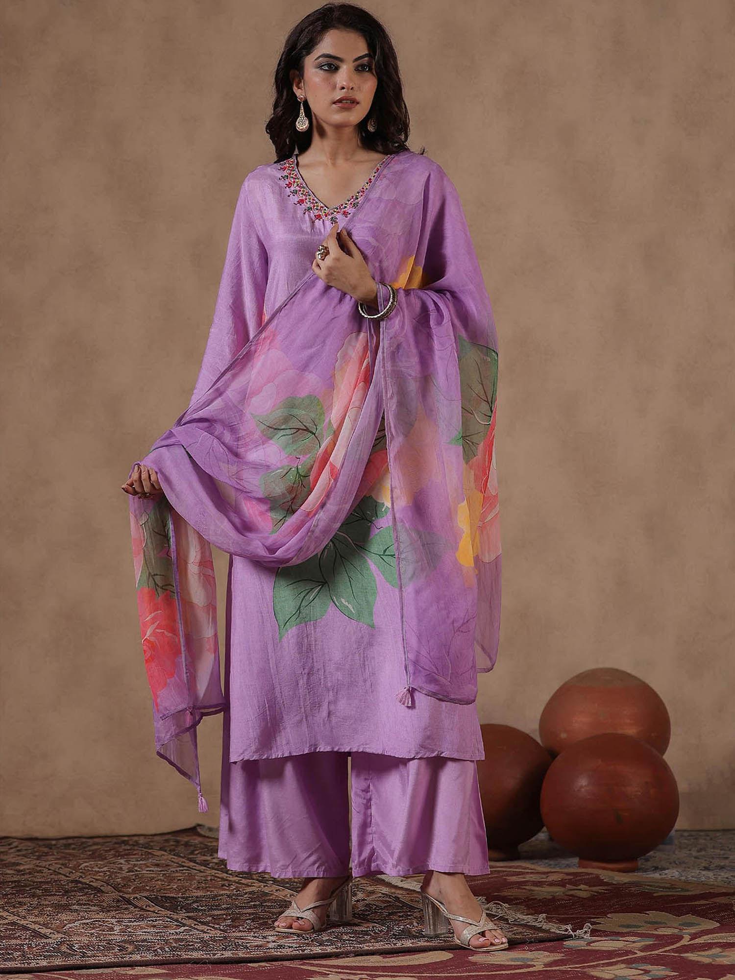 lavender muslin silk floral print kurta with sharara & dupatta (set of 3)