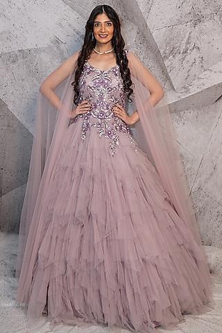 lavender net cutdana bead embellished ruffle gown