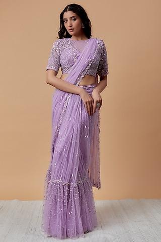 lavender net embroidered saree set