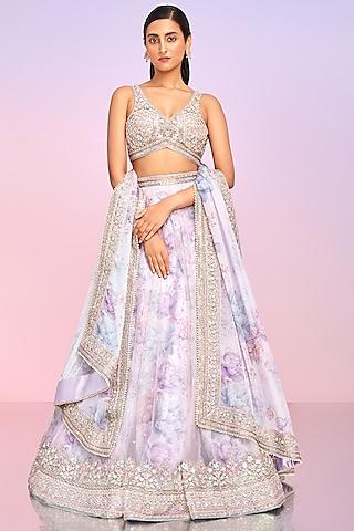 lavender net floral printed lehenga set