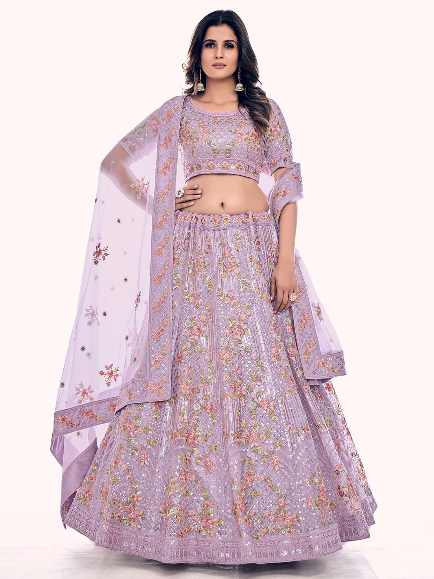 lavender net semi stitched lehenga with unstitched blouse (set of 3)