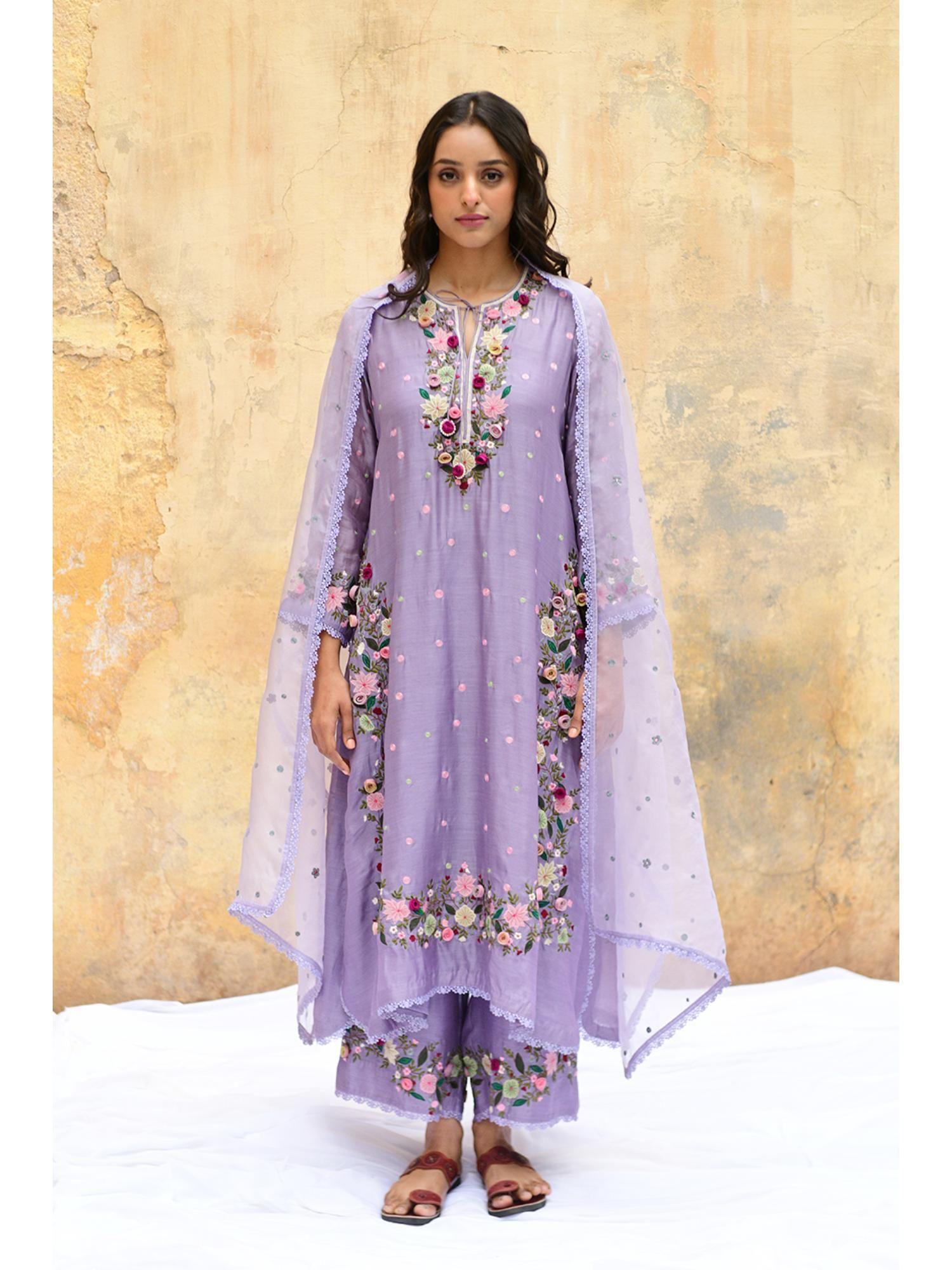 lavender orchid heavy long kurta and pant with dupatta (set of 3)