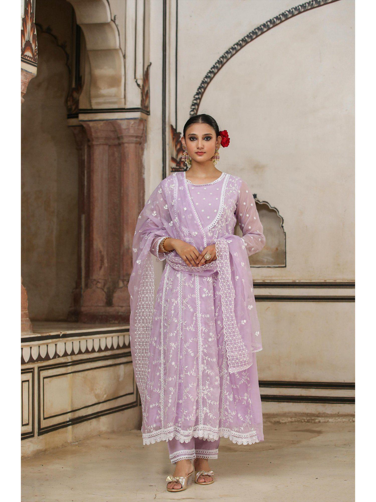 lavender organza chikankari anarkali suit (set of 3)