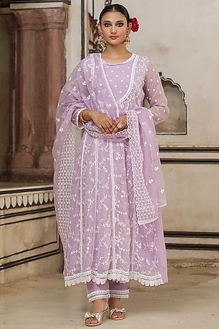 lavender organza chikankari embroidered anarkali set