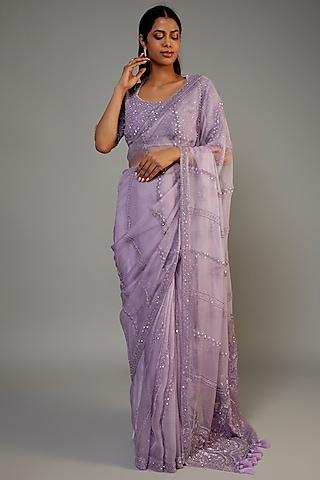 lavender organza embroidered saree set