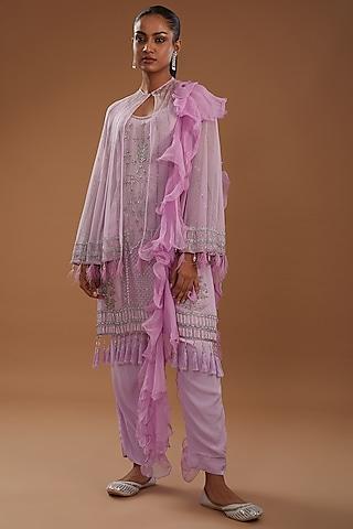 lavender-pink organza hand embroidered kurta set with cape