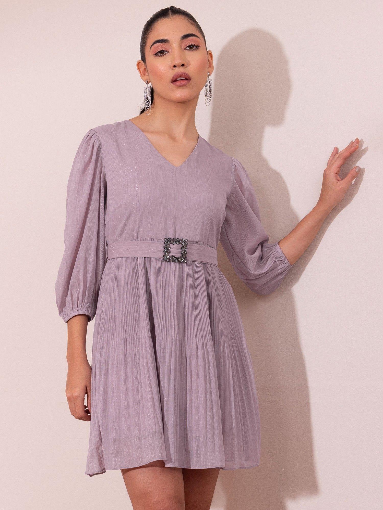 lavender pleated a-line dress with buckle belt