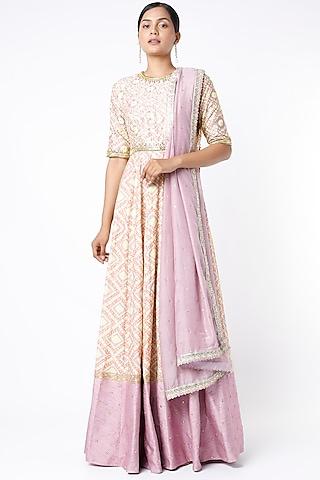 lavender printed &  embroidered anarkali set