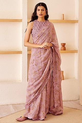 lavender printed & embellished saree set