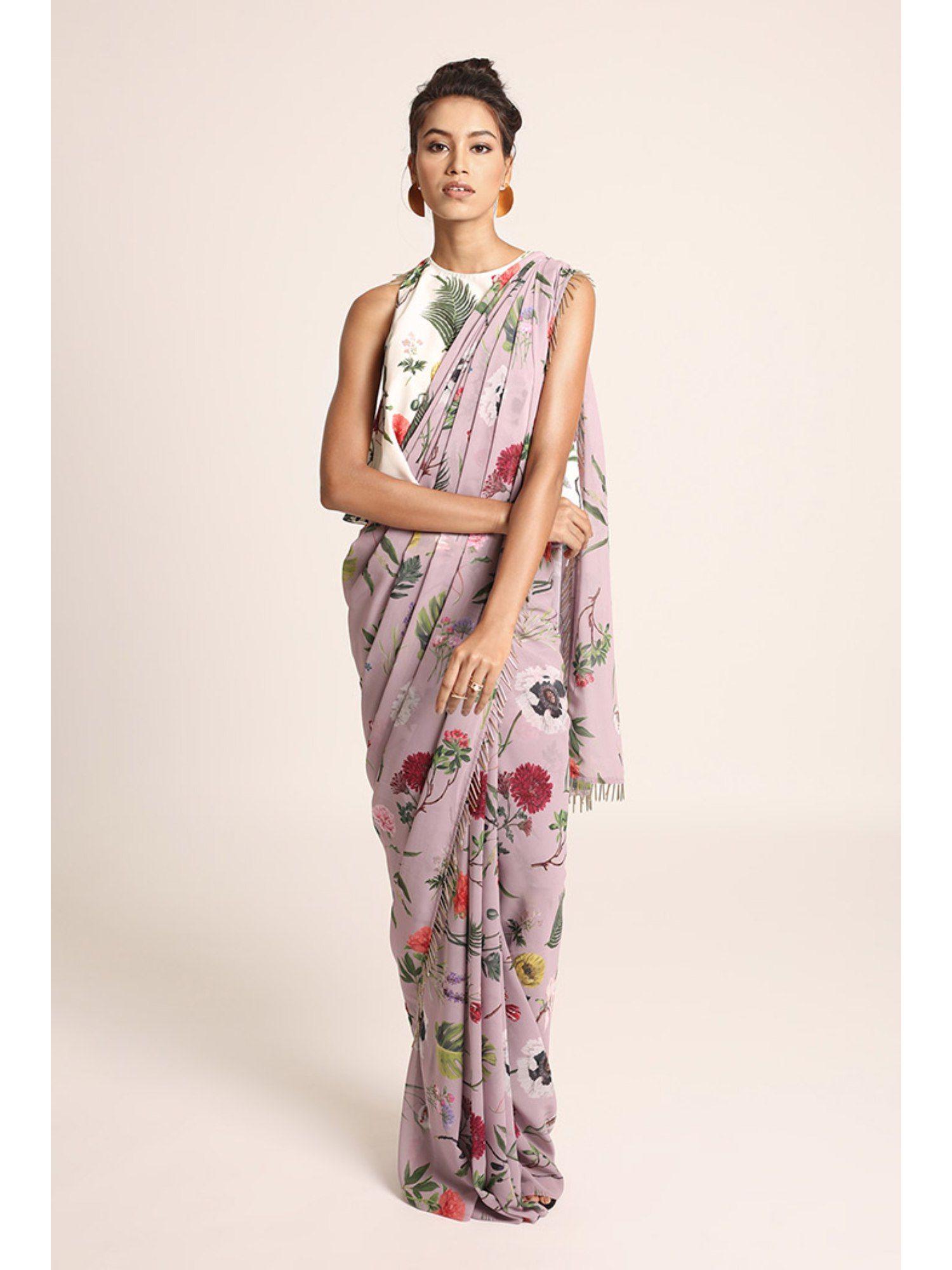 lavender printed art crepe top with pre draped saree