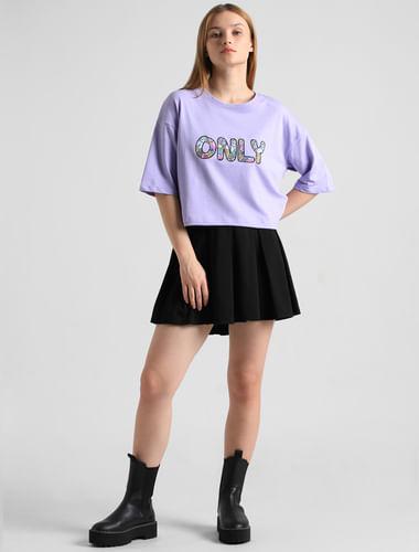 lavender printed-text boxy fit t-shirt