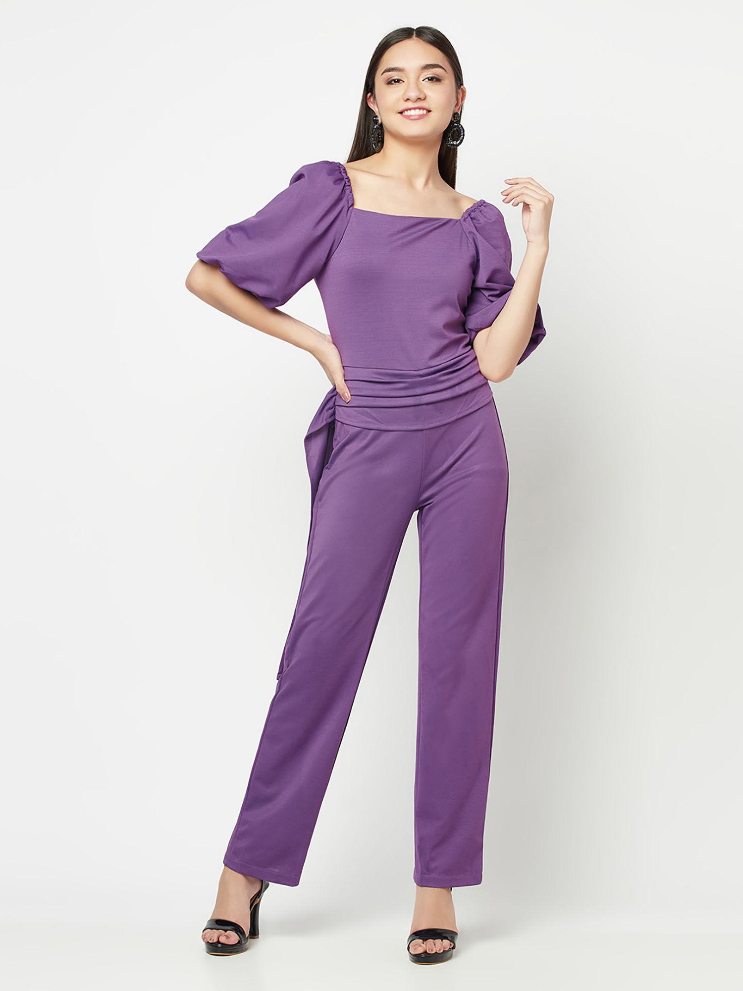 lavender puff sleeves wide leg waisted jumpsuit