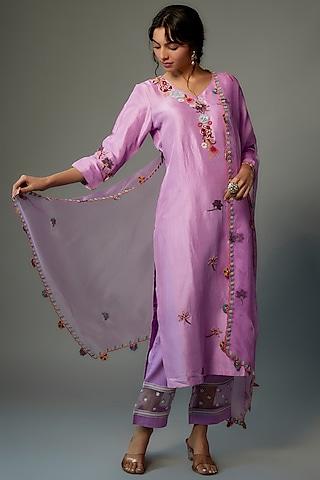 lavender pure chanderi silk hand embroidered kurta set