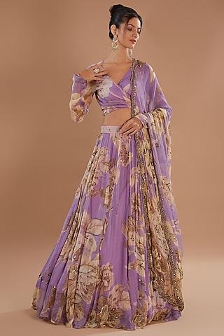 lavender pure chiffon floral lehenga set