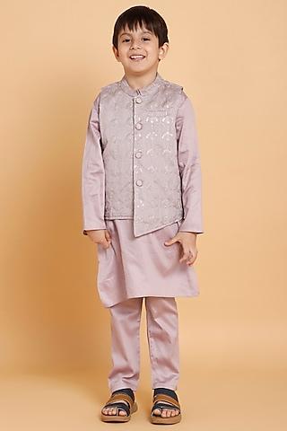 lavender pure cotton bundi jacket with kurta set for boys