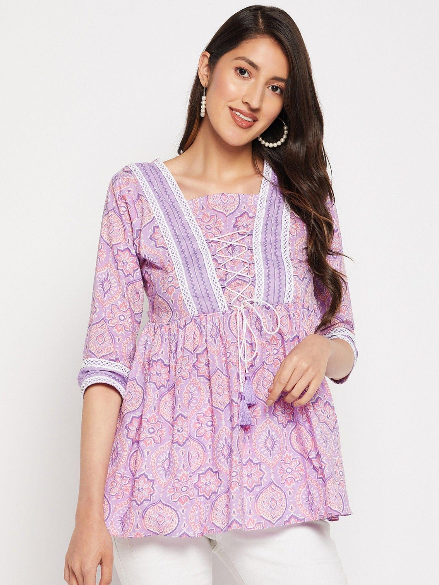 lavender pure cotton cambric block printed peplum tunic