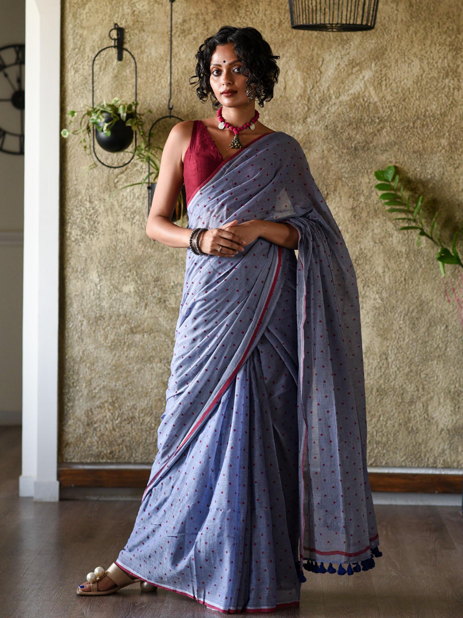 lavender pure cotton polka dots printed saree