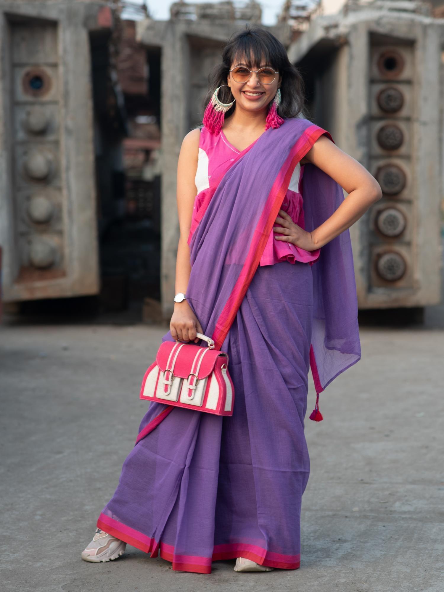 lavender pure cotton solid saree without blouse