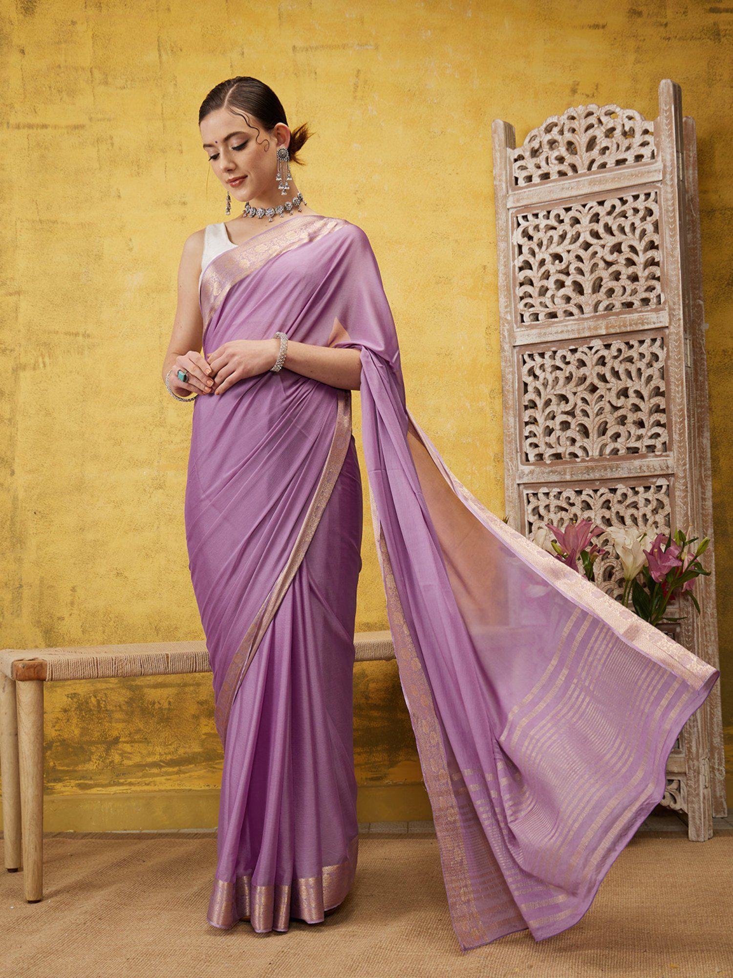 lavender pure viscose chinon zari banarasi saree and unstitched blouse