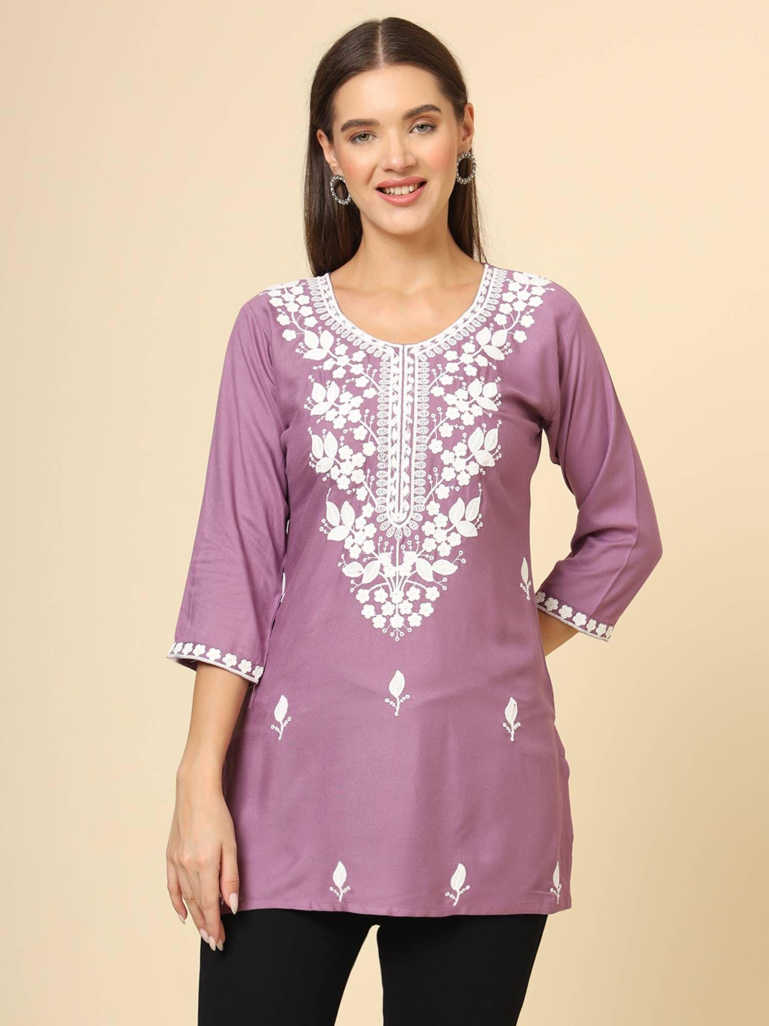 lavender rayon lucknowi chickankari work kurti