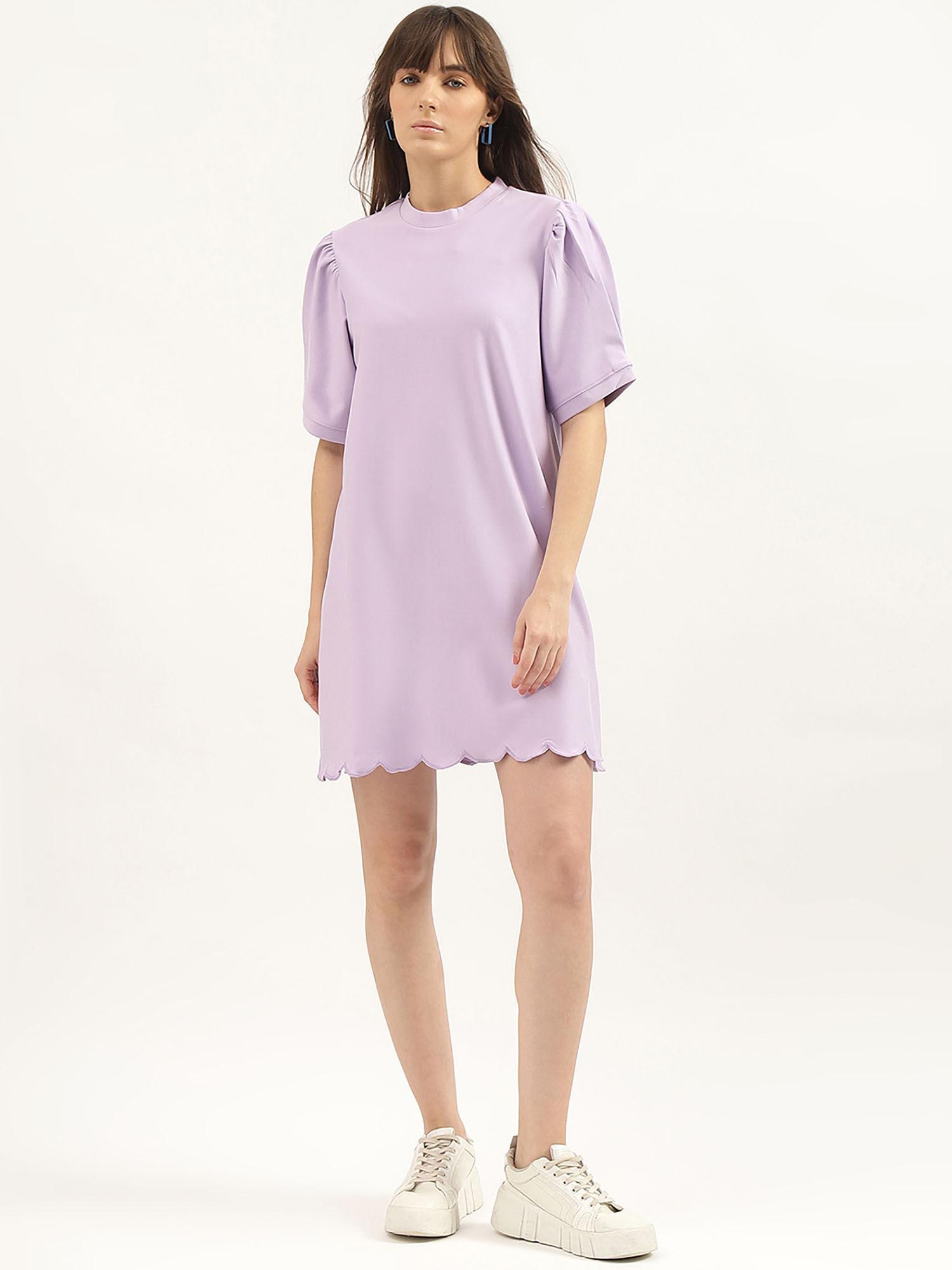 lavender regular fit round neck solid mini dress