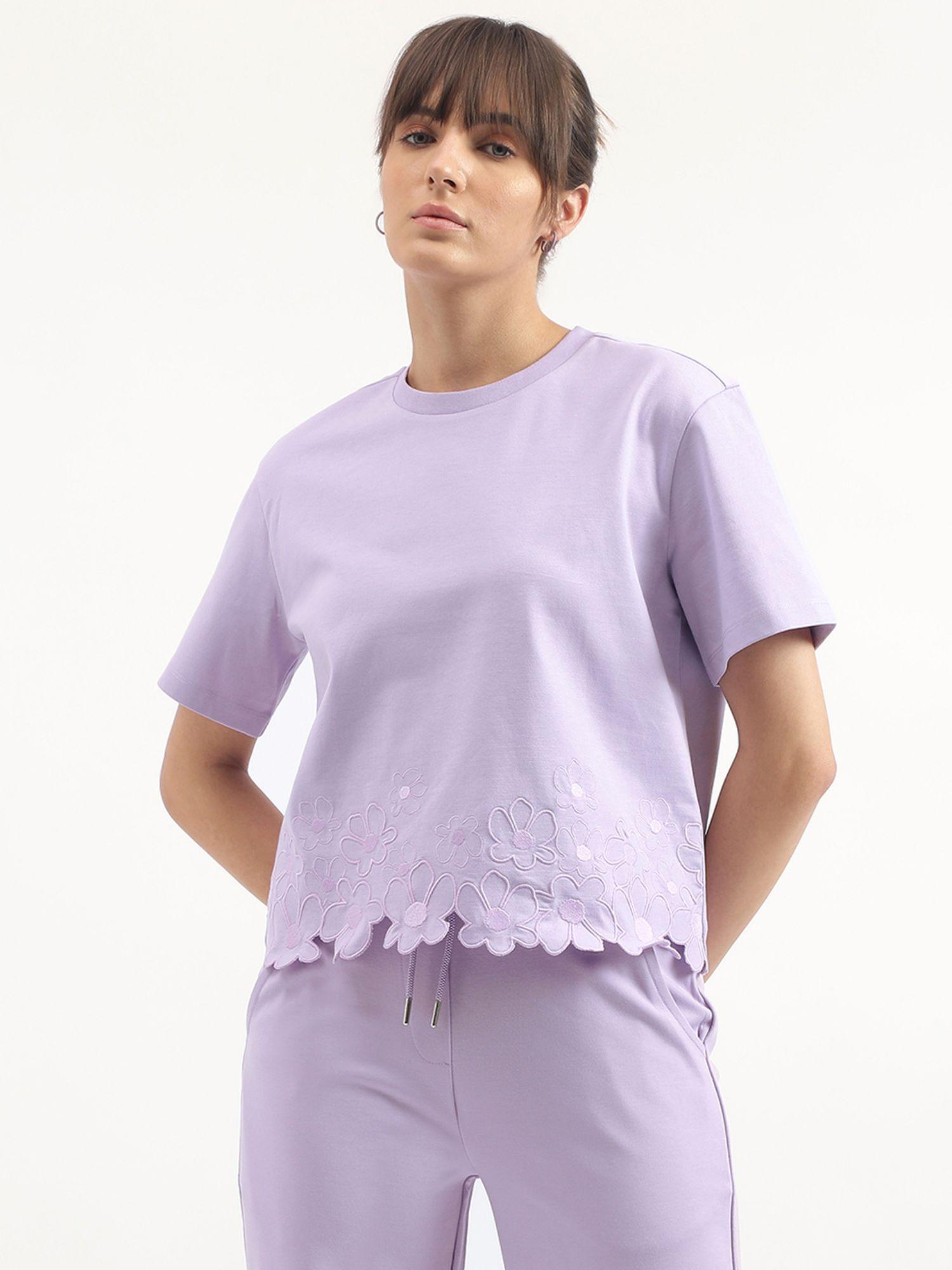 lavender round neck floral print t-shirt