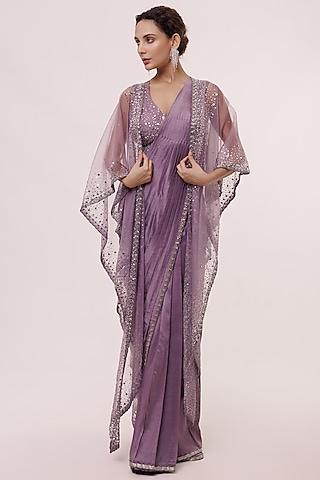 lavender russian silk embellished pre-stitched jacket saree set