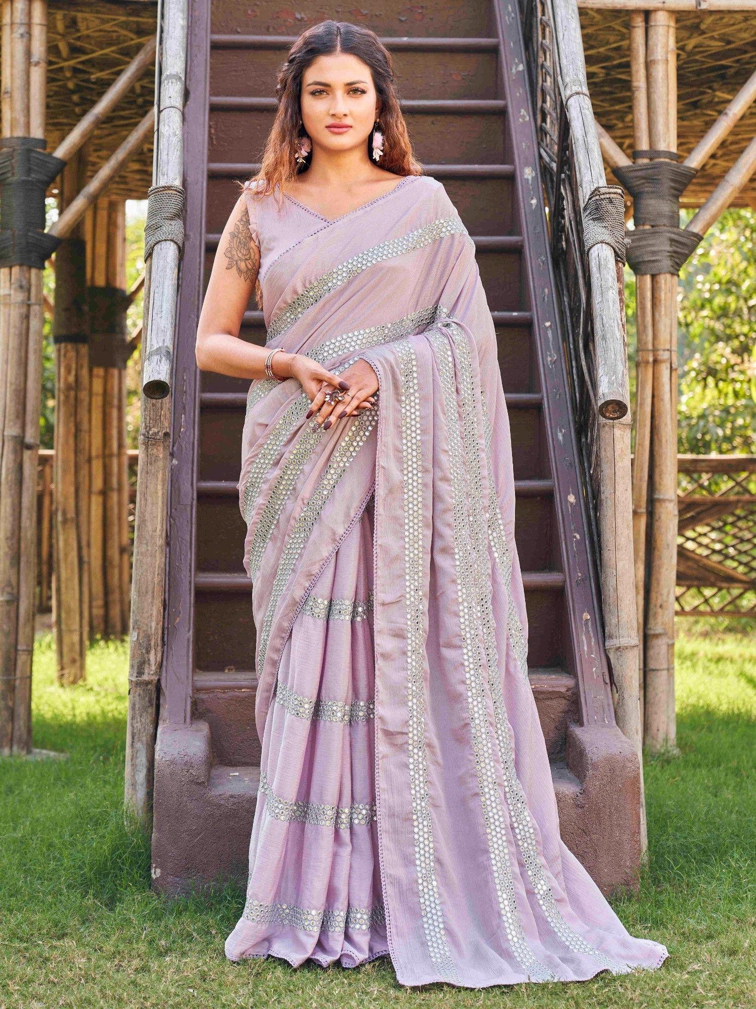 lavender satin and faux mirror embroidery saree with unstitched blouse