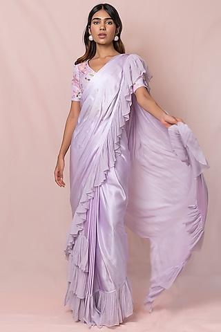 lavender satin georgette pre-draped frilled saree set