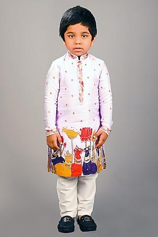 lavender satin raw silk & cotton animal printed kurta set for boys
