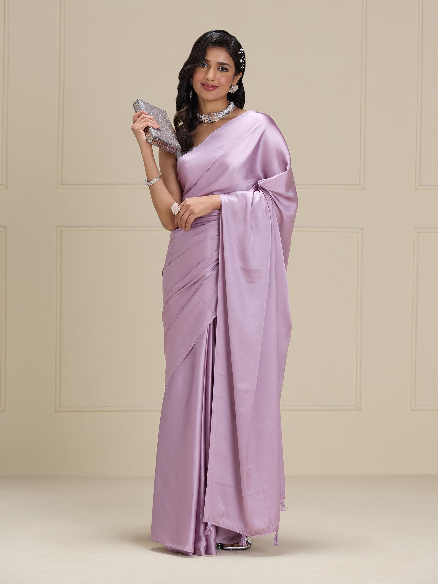 lavender satin solid tassels party wear saree & unstitched blouse