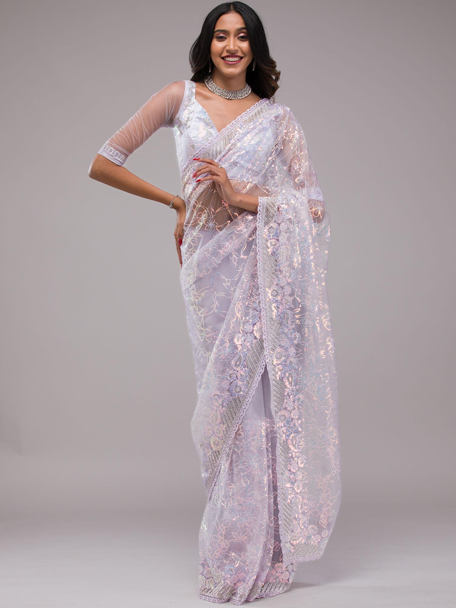 lavender sequins net saree with unstitched blouse