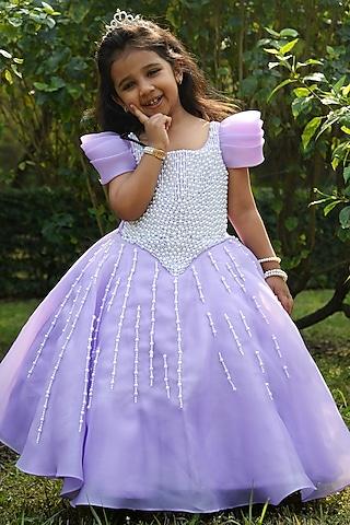 lavender shimmer organza & net pearl hand embroidered gown for girls
