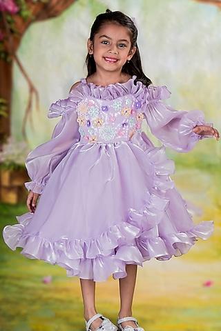 lavender shimmer organza floral hand embroidered ruffled dress for girls