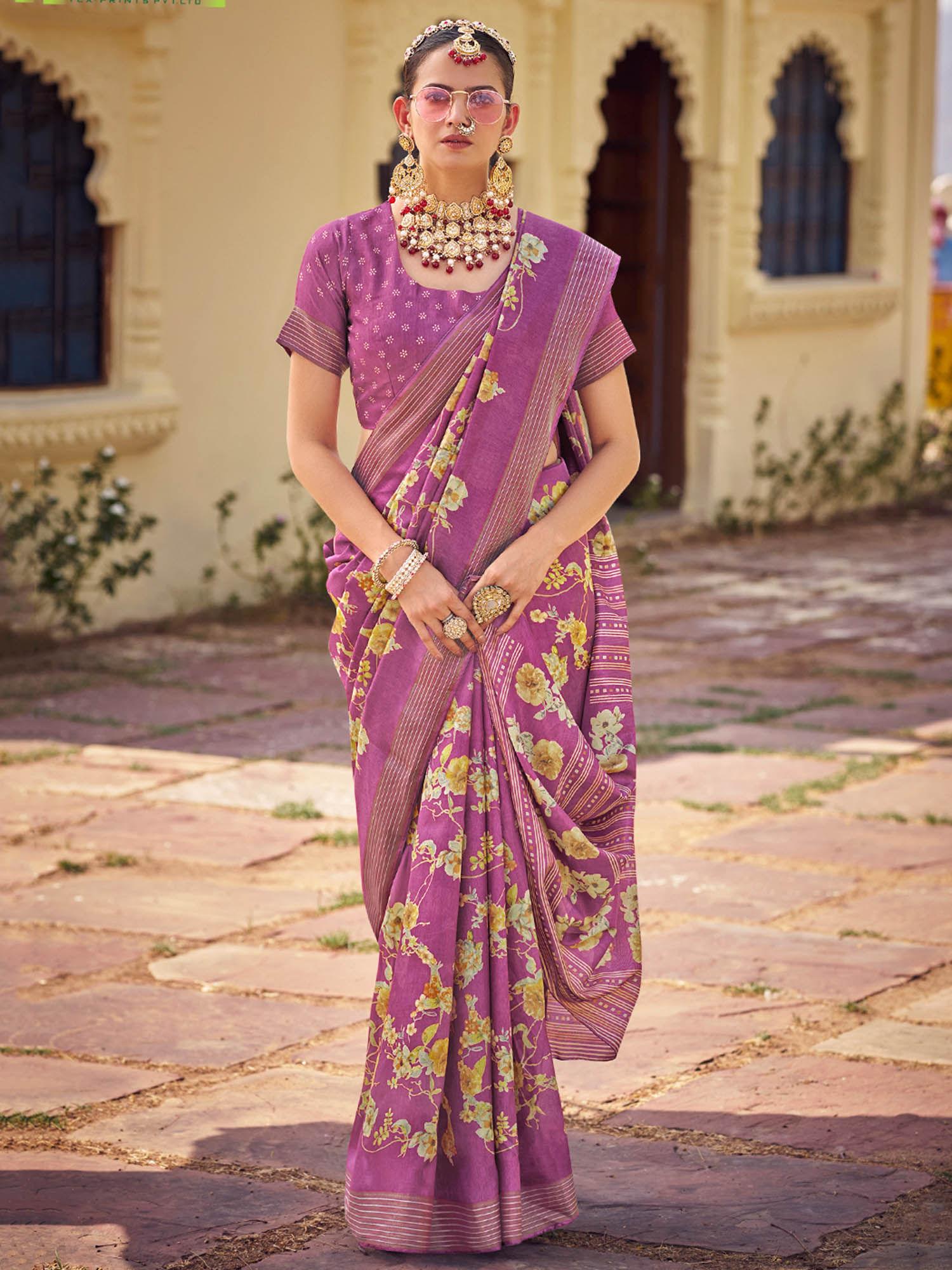 lavender silk cotton batik print saree with unstitched blouse