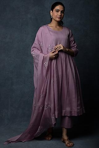 lavender silk embellished a-line kurta set