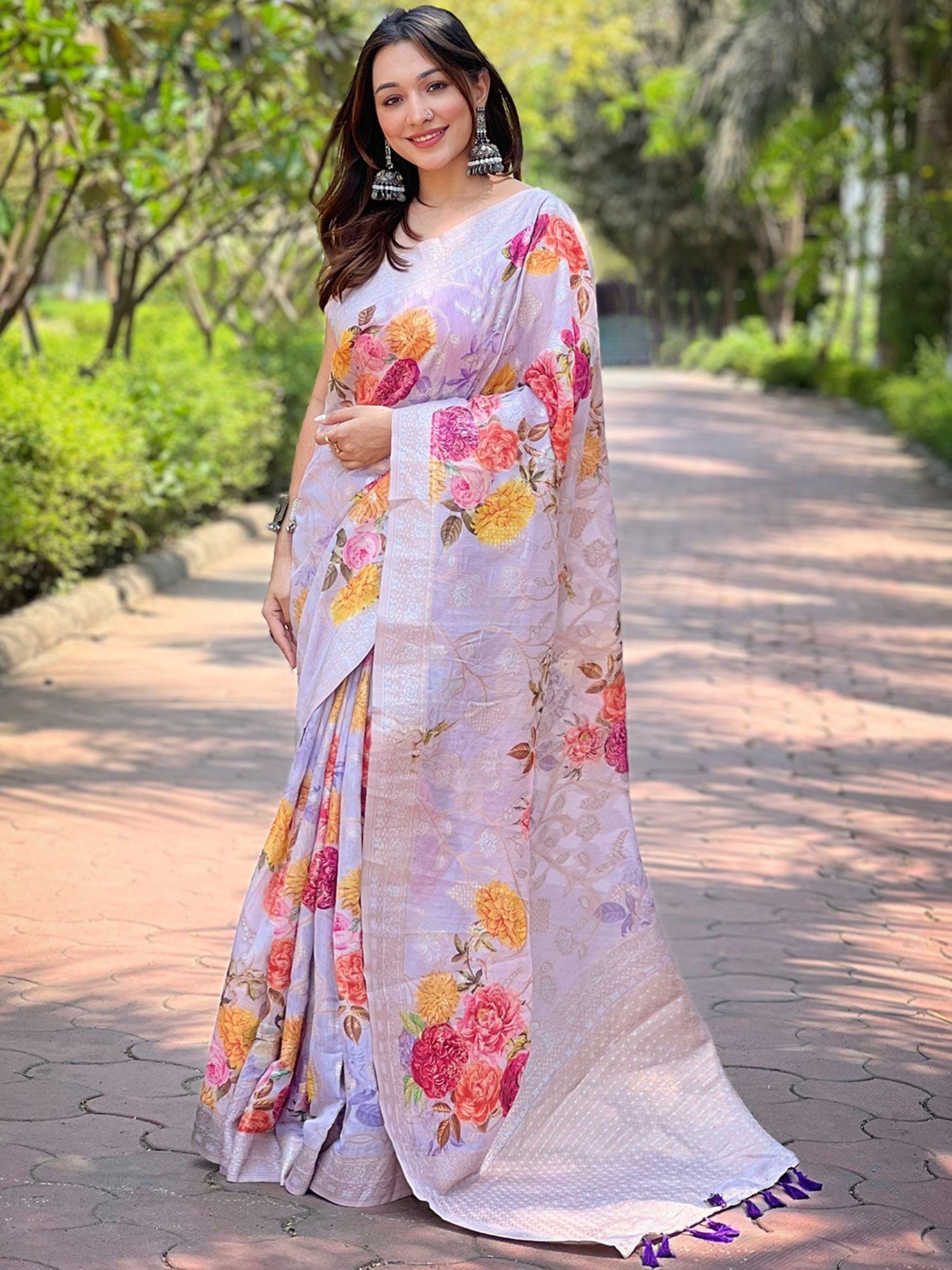 lavender silk lakhnavi bandla zari saree with unstitched blouse