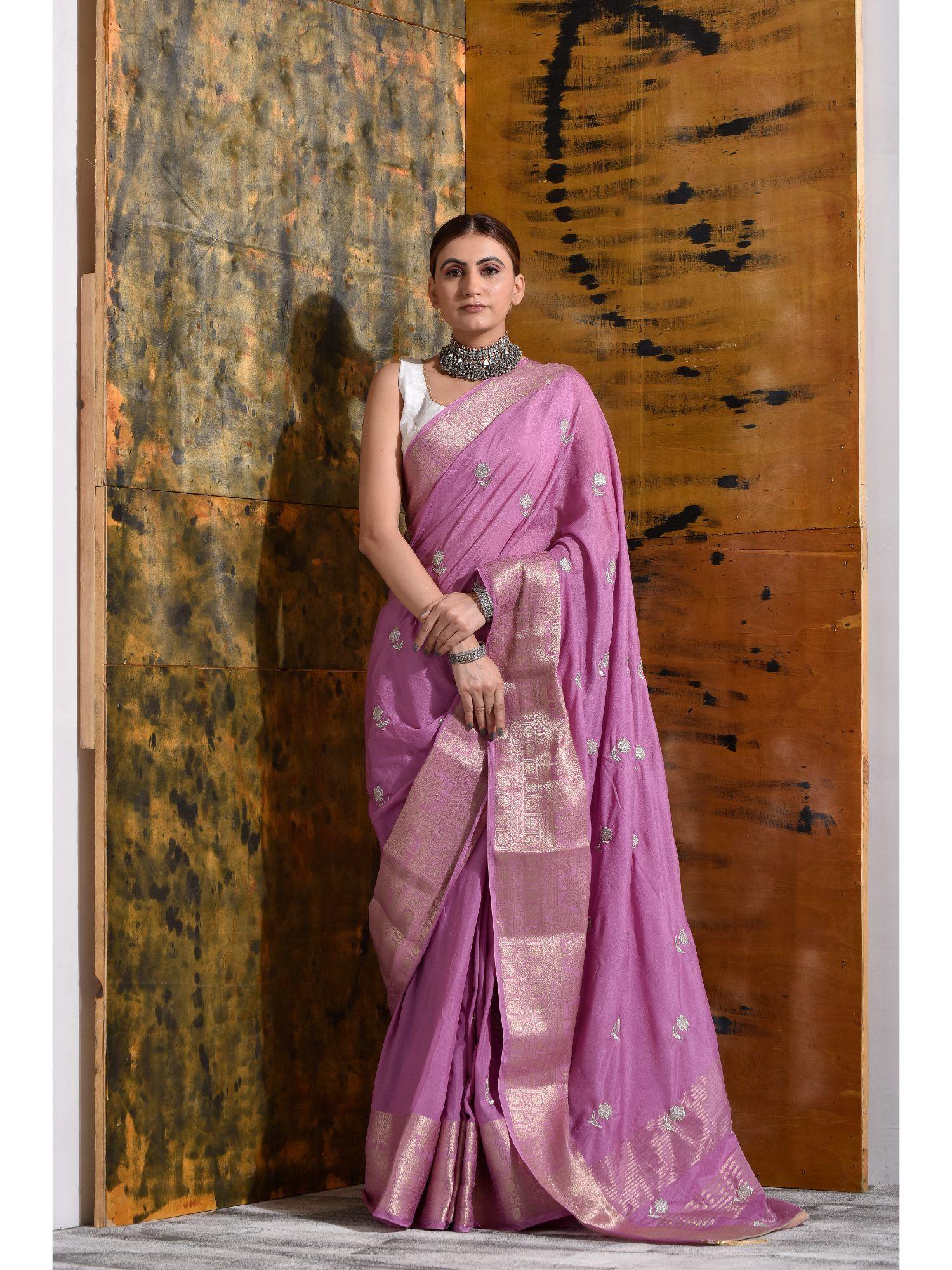 lavender silk saree with unstitched blouse & hand embroidered