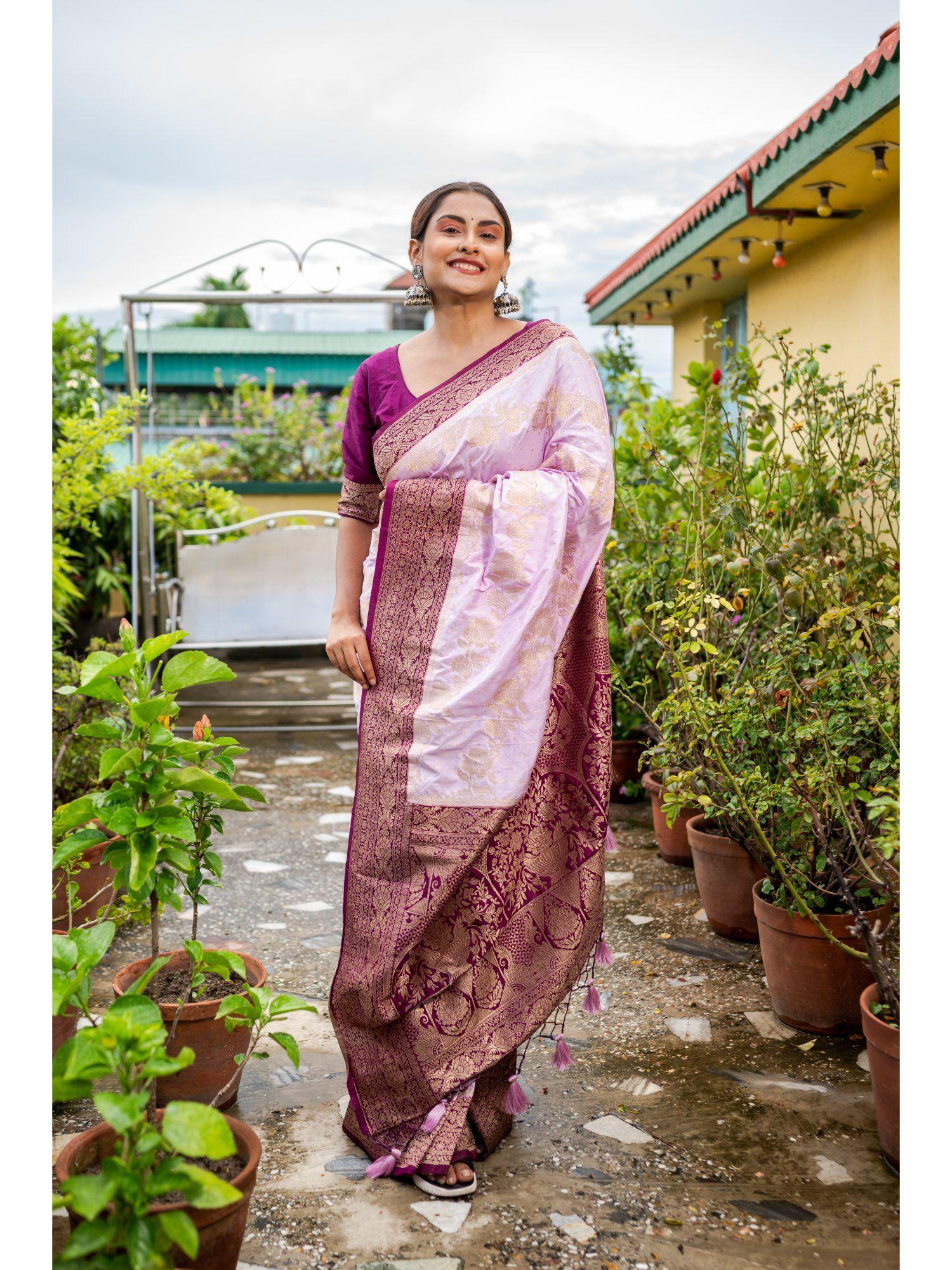 lavender silk saree with unstitched blouse piece with unstitched