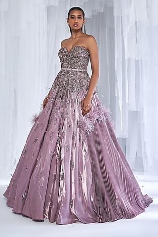lavender silk satin embellished gown with belt