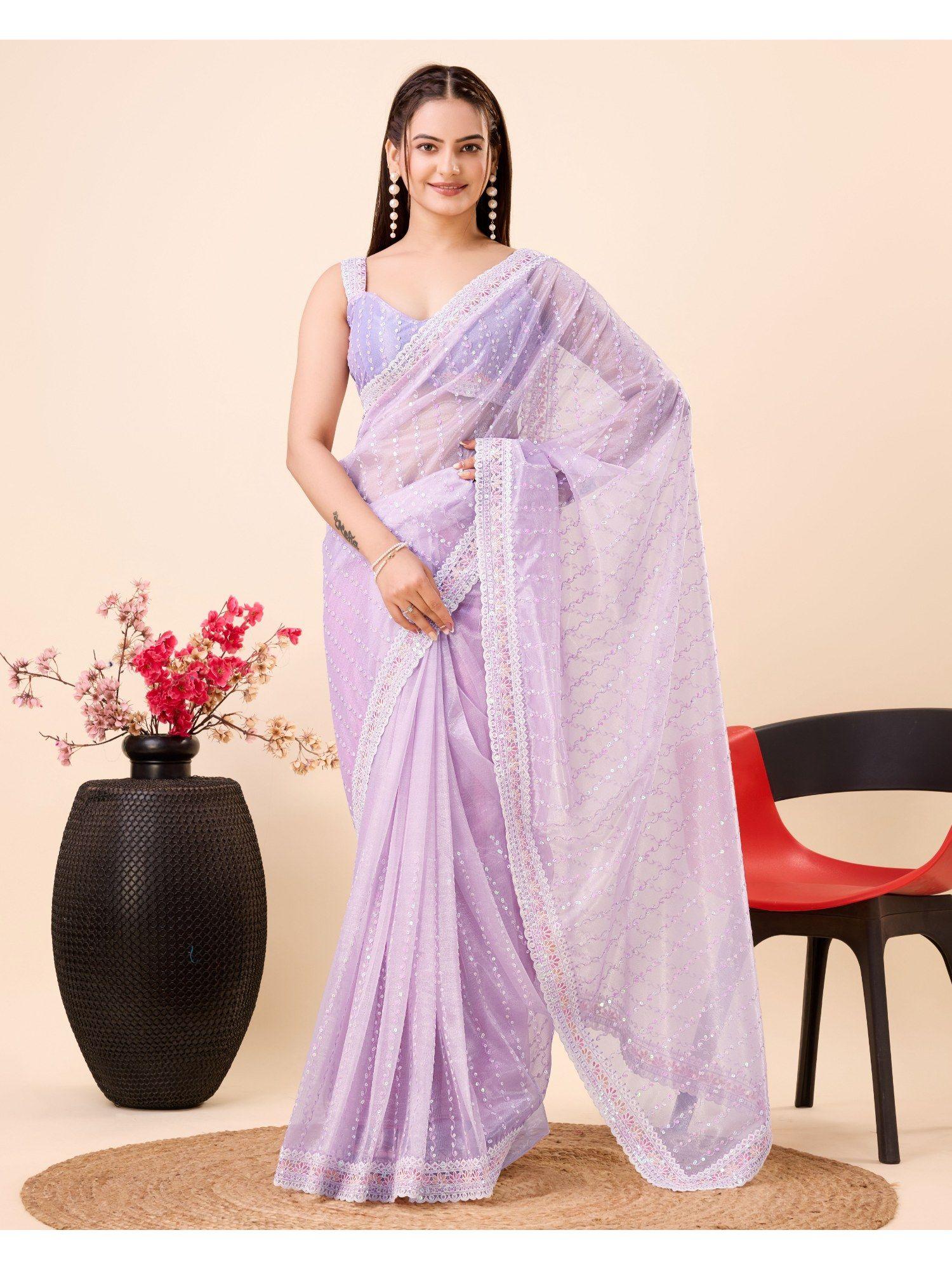 lavender soft gold net embroidery saree with unstitched blouse