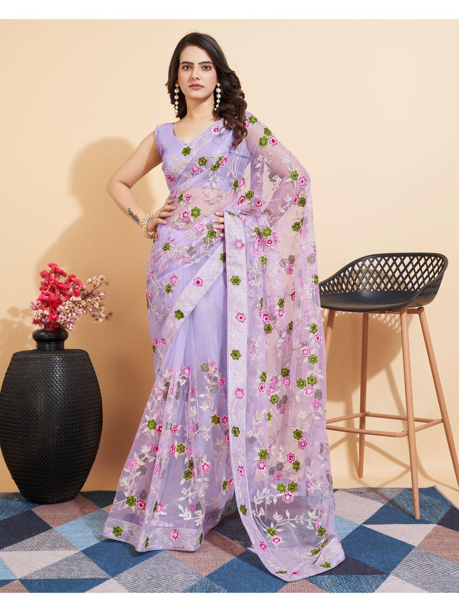 lavender soft net embroidery saree with mono banglory unstitched blouse