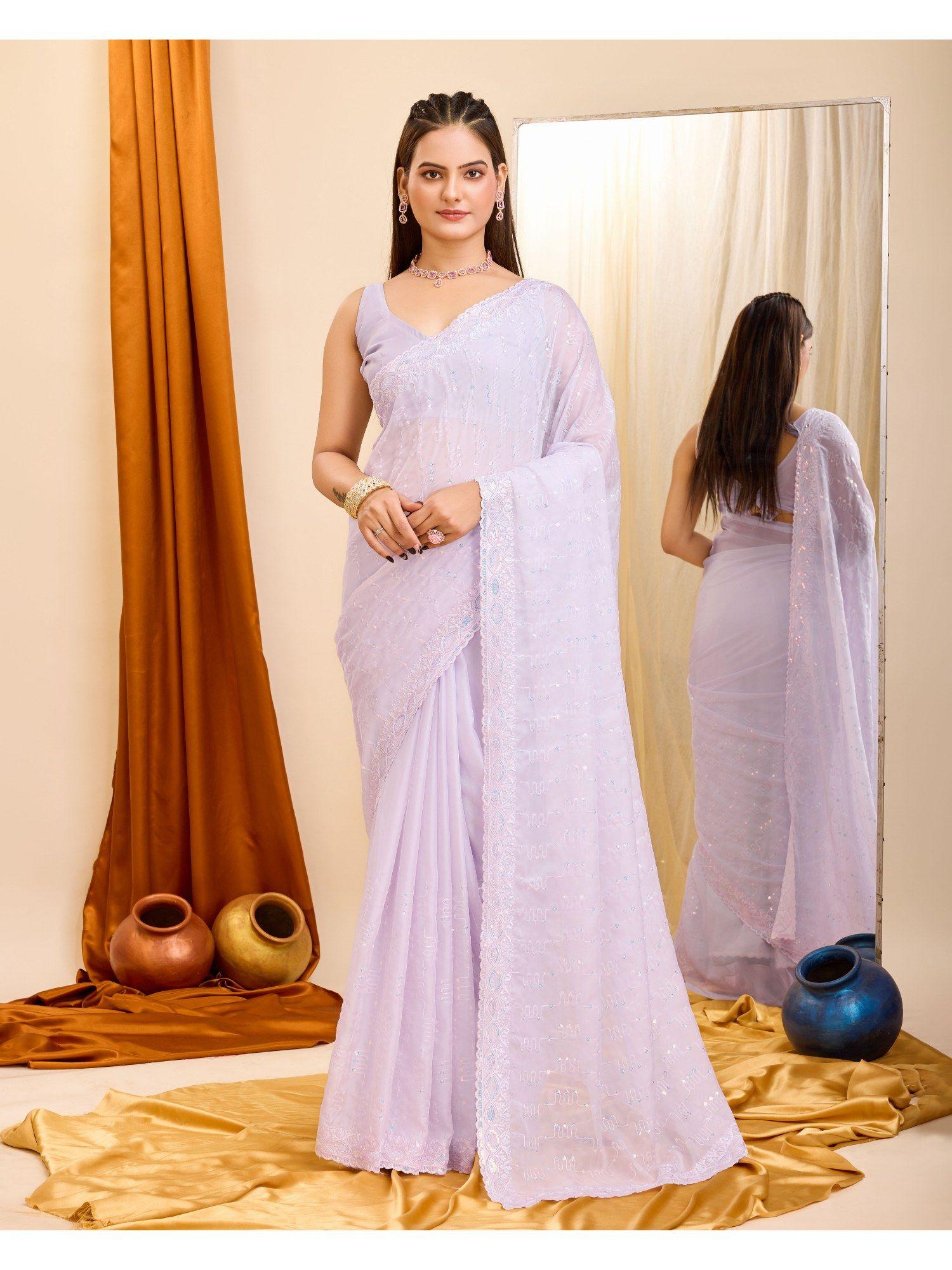 lavender soft net embroidery saree with unstitched blouse