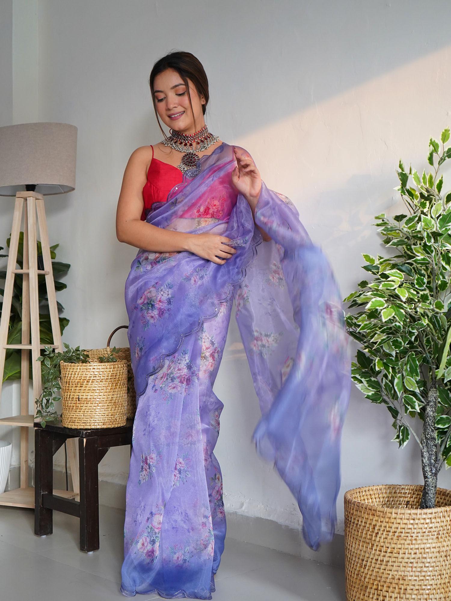 lavender soft organza embroidery saree and soft banglory silk unstitched blouse