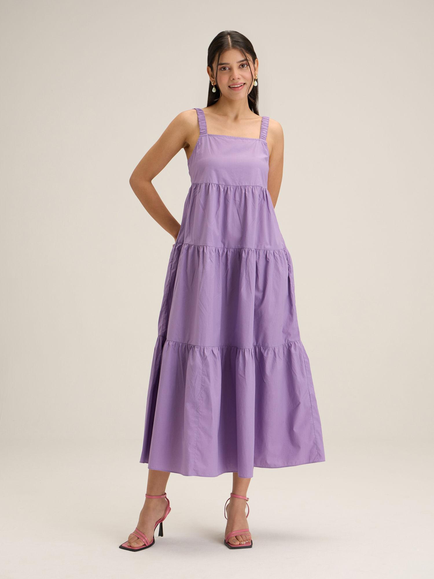 lavender solid backless tiered midi dress