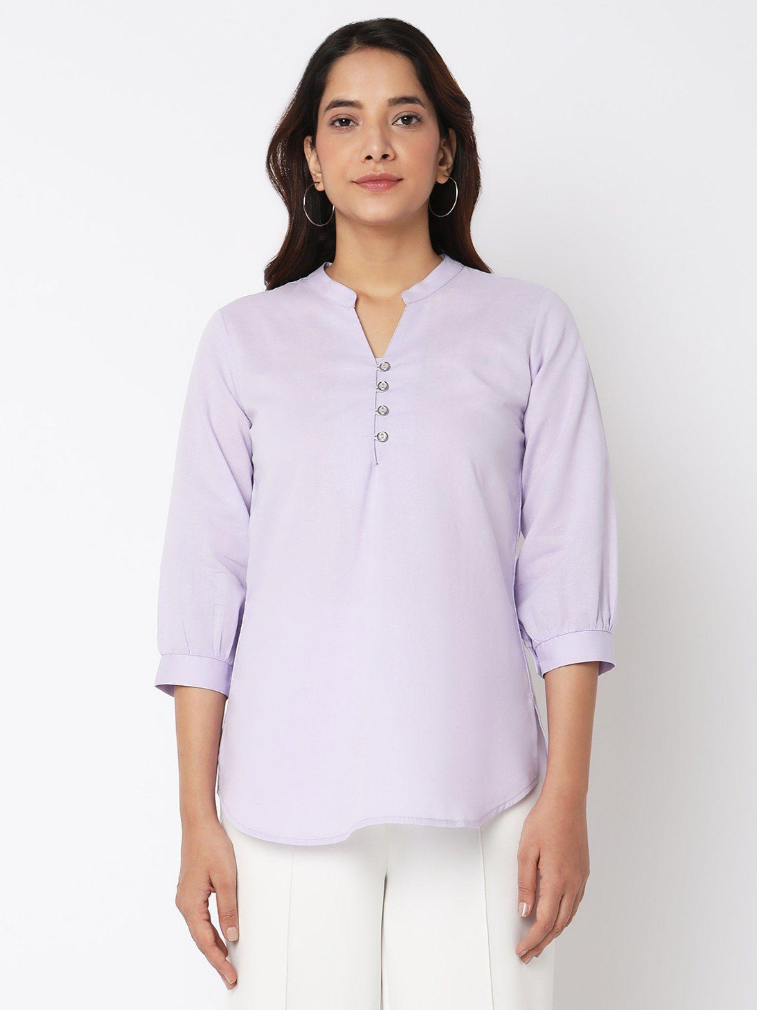 lavender solid cotton linen three fourth sleeves top