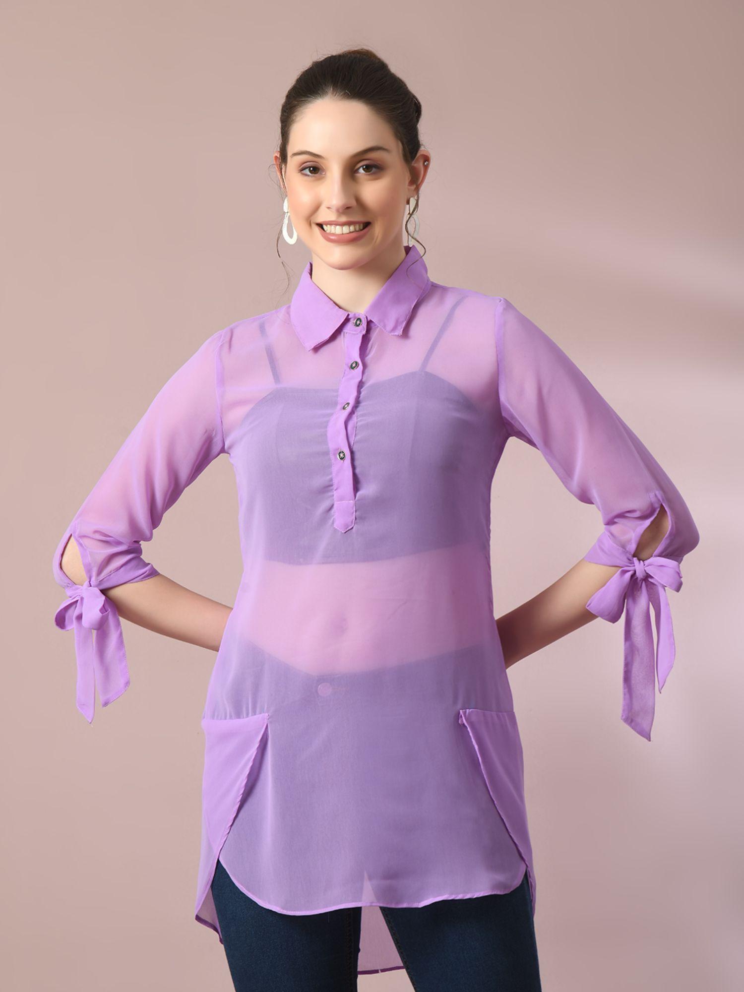 lavender solid georgette longline party sheer tunic