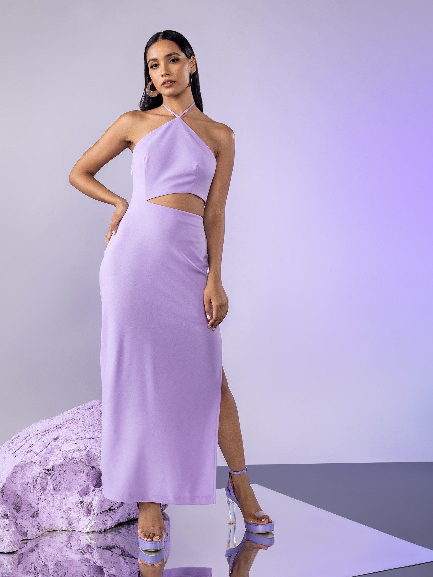 lavender solid halter neck sheath maxi dress
