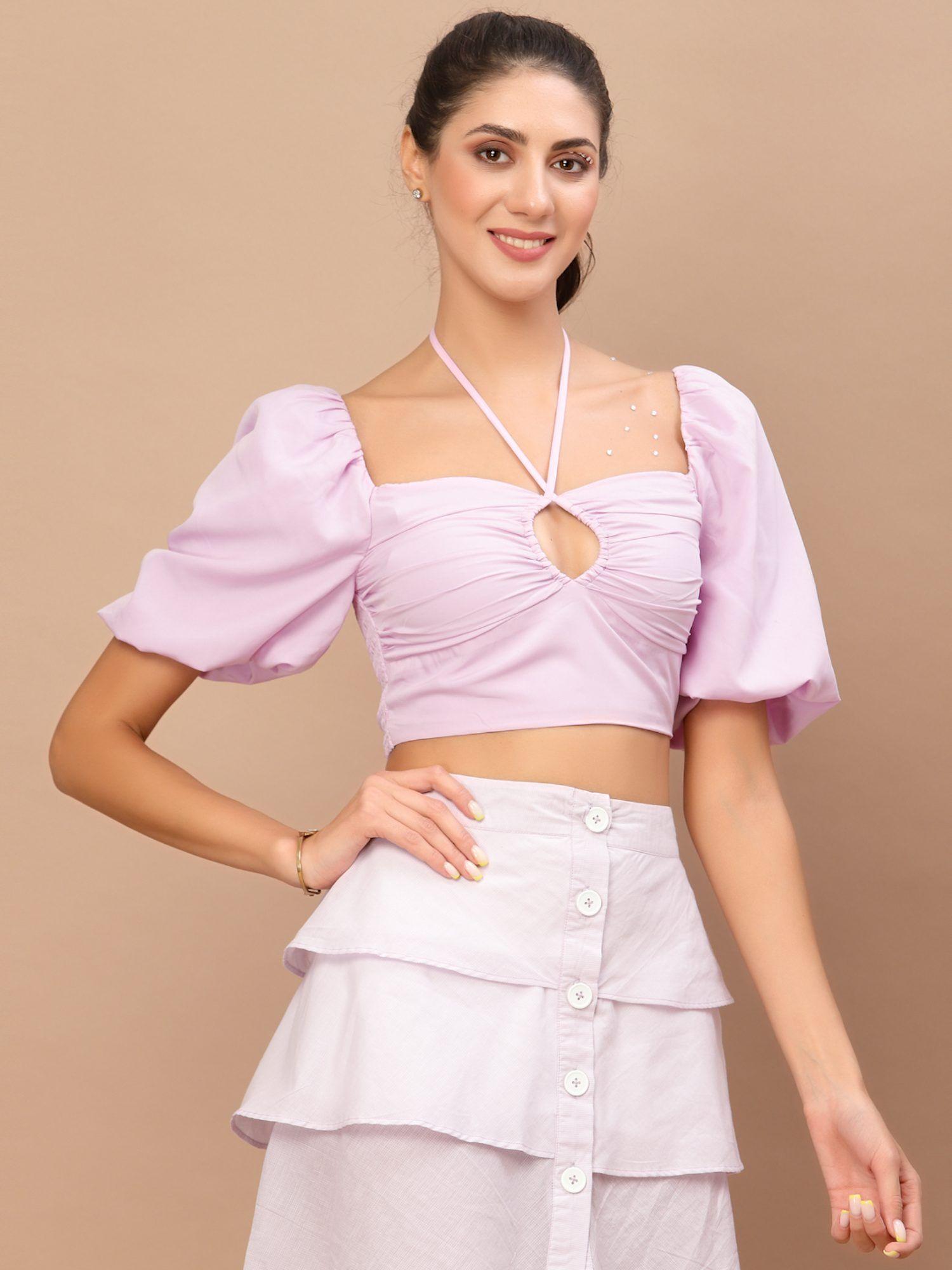 lavender solid puff sleeves crepe crop fitted top